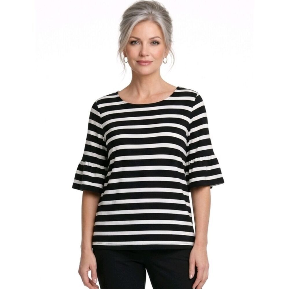 Talbots Black & White Striped  Ruffle Detail Sleeve Stretch Knit  Blouse Size L